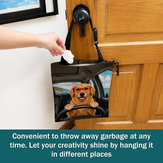 Funny Golden Retriever Car Trash Bag Hanging for Back Seat | Dog Canvas Drawstring Car Garbage Bag with Adjustable Buckle Vehicle Trash Can,Golden Retriever Lover Owner Gifts