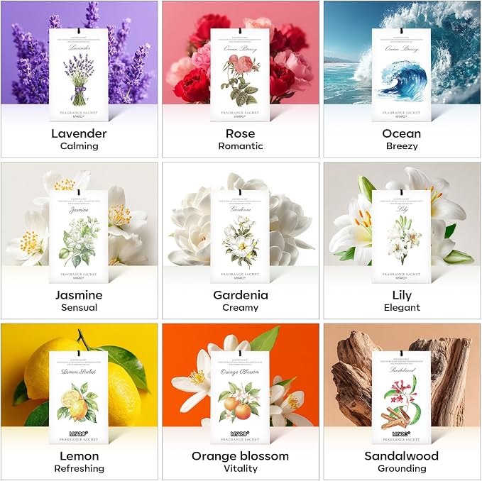 MYARO 12 Pack Assorted Floral Scented Sachets, Closet Deodorizer Freshener | Multi-Scent Lavender, Rose, Jasmine, Ocean, Gardenia & Lily, Odor Eliminator for Closet, Drawer, Car, Home Fragrance Gift Set