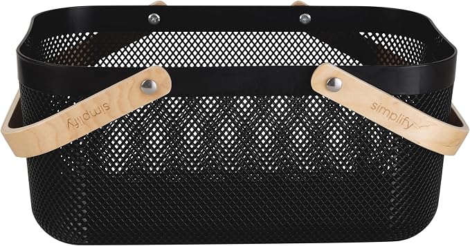 Simplify Large Mesh Plastic Storage Basket with Wooden Handle Black Color | Garden Harvest Organizer | Kitchen Pantry Storage Bin