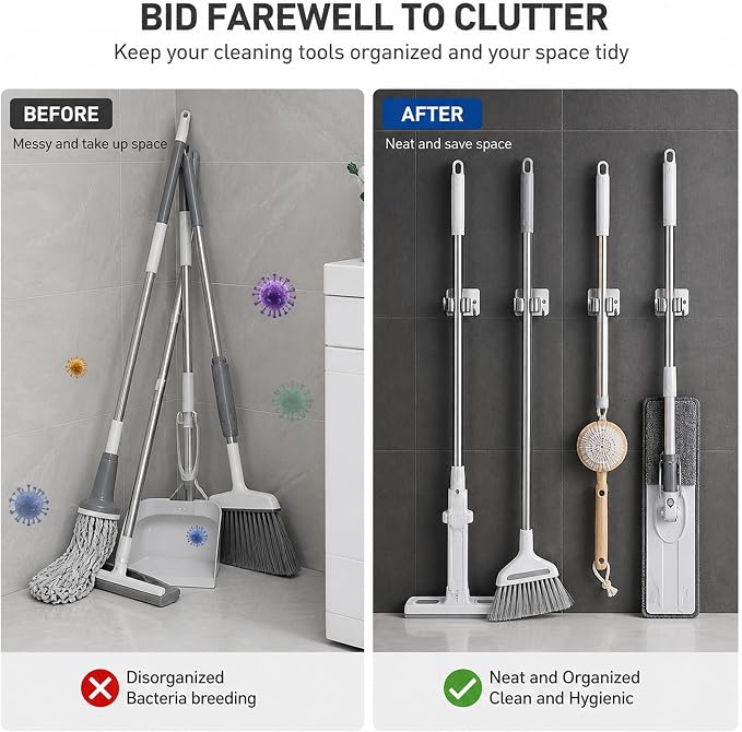 2 Pack Stainless Steel Broom Holder Wall Mount, Heavy Duty Mop Holder No Drill Adhesive, Tool Organizer with Hooks for Kitchen Bathroom Garage Garden (2, Silver)