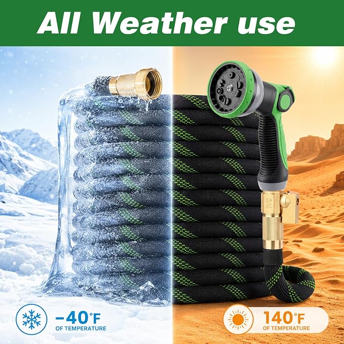 100FT Garden Hose 100 Feet Non-Expandable Heavy Duty Garden Hose with 8 Pattern Spray Nozzle, Flexible Kink-Free Water Hose with Brass Fittings for Watering Lawn, Yard, Car Washing
