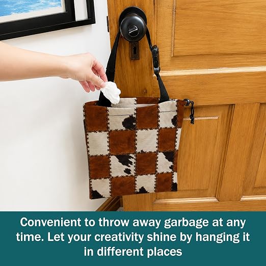 Rustic Western Cowhide Car Trash Bag Hanging for Back Seat | Vintage Farmhouse Cow Print Canvas Drawstring Car Garbage Bag with Adjustable Buckle Vehicle Trash Can