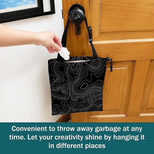 Modern Abstract Topographic Car Trash Bag Hanging for Back Seat | Black White Topography Map Canvas Drawstring Car Garbage Bag with Adjustable Buckle Vehicle Trash Can