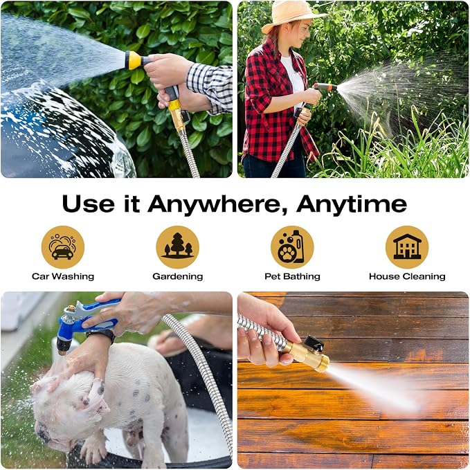 25FT Stainless Steel Metal Garden Hose - Lightweight, Kink-Free & Tangle-Free, Flexible with Brass Fittings, On/Off Valve, Pet Proof, Puncture Proof for Yard, RV, Car Washing (Silver)