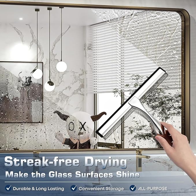 All-Purpose Shower Squeegee for Shower Doors, Bathroom, Window and Car Glass, Cleaning Tile Wall - Stainless Steel with 2 Adhesive Hooks, 10 Inches