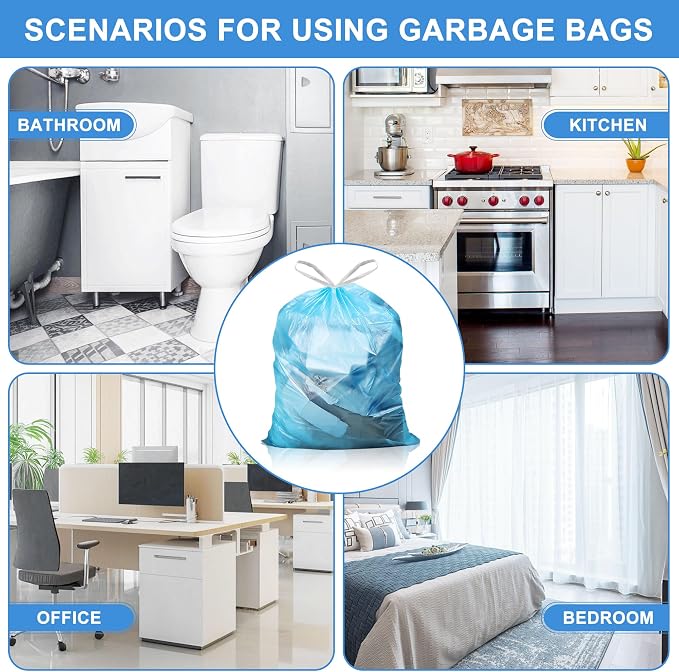 Small Trash Bags, 100 Count 4 Gallon Drawstring, Blue | Tear-Free, Unscented, Small Garbage Bags, For Bathroom Kitchen Office Bedroom