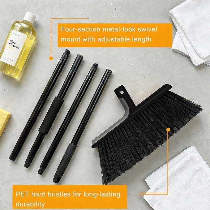 Large Angle Brooms Indoor Outdoor Broom with Long Handle Stiff Bristle Sweeper for Kitchen Garage Deck Courtyard Lobby Patio Lawn Leaves (Black)