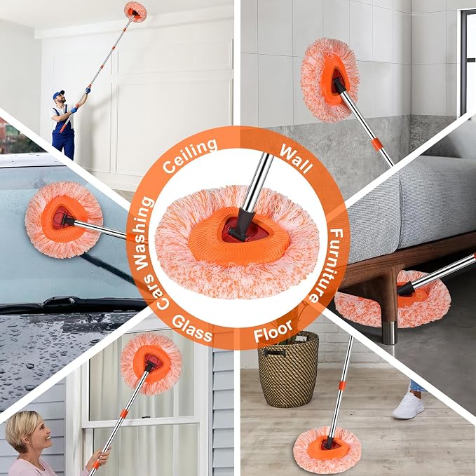 Wall Mop Set, 4 Mop Head + 87”Handle Dust Mop for Ceiling,Baseboard & Floor | Baseboard Cleaner Tool with Handle,360°Rotating Wall Cleaning Baseboard Tool,Wall Cleaner Mop for Ceiling Fan Cleaner Duster