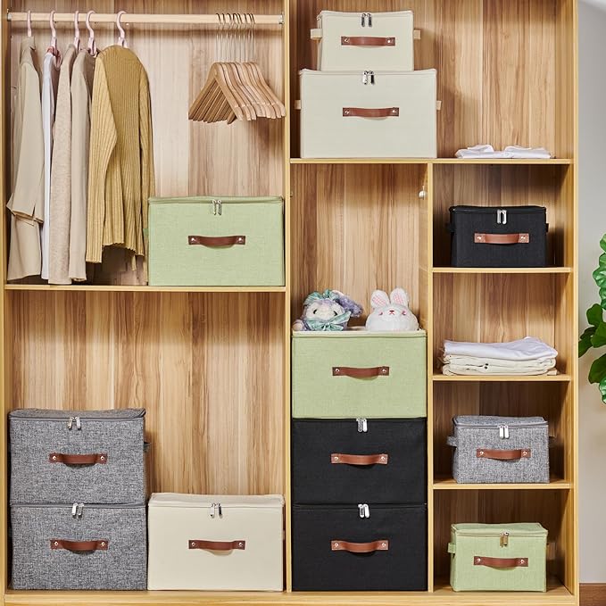 2PCS Storage Bins with Zipper Lids Decorative Lidded Basket Box | Clothes Container, Closet Shelf Organizer, Foldable Washable, Cotton Linen Fabric, w/ PU Leather Handles, Beige, Large