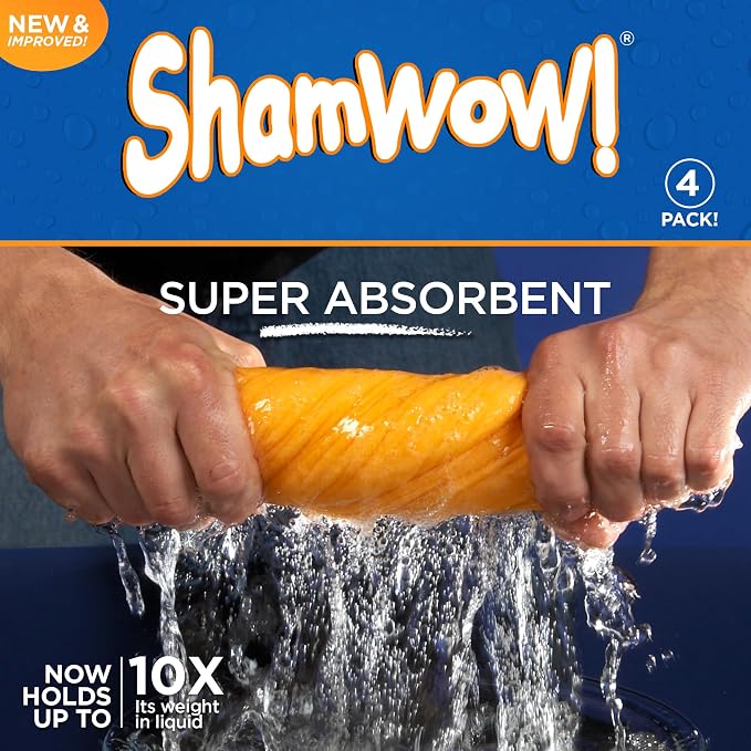 ShamWow Shammy Cloth 4-Pack, 20"x24", Super Absorbent Chamois Towel | Super Large, Lint-Free & Scratch-Free, Holds 10x Its Weight