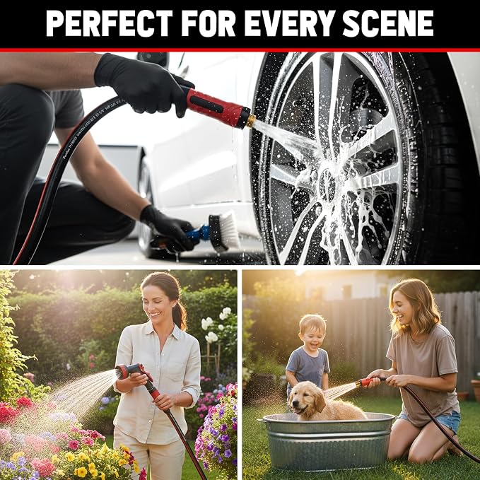 Garden Hose 75ft x 5/8", NON-EXPANDABLE Heavy Duty Hose with Nozzle | 10 Function Spray Nozzle, No Kink, Leakproof, Lightweight Hybrid Hose with Swivel Handle, Male to Female Fittings