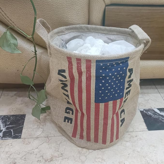 Burlap Waste Basket Vintage, Round Jute Organizer with Handles | Small Recycling Bin for Paper, Bottles & Cans, Rustic Home Office Decor, Patriotic American Flag Design, 10" Dia. X 12" H