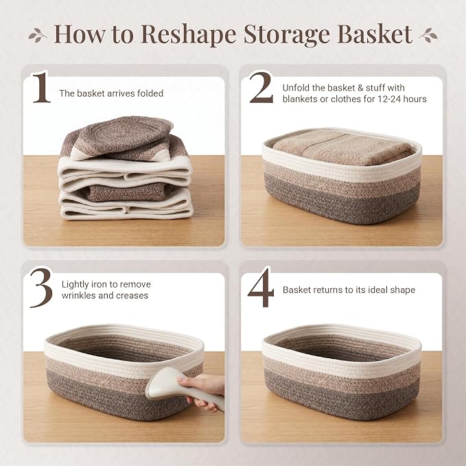 Storage Baskets for Shelves, 5 Pack, 2 Sizes Organizer Bins | Woven Cotton Rope Baskets, 3 Large + 2 Small Shallow Storage Bins for Nursery, Closet, Toys, Bathroom & Changing Table