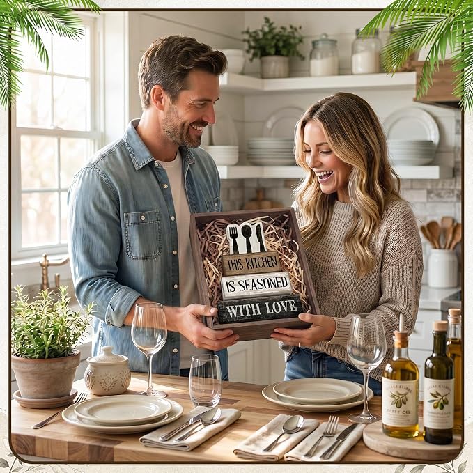Moucuny 4 Pcs Kitchen Decor Wooden Signs, Farmhouse Tableware Tiered | Rustic Block Signs for Kitchen Shelf, Stackable Tiered Centerpiece, Cutlery Theme Rules Sign, Farmhouse Accessories