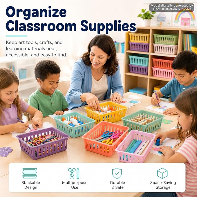 gisgfim 12 Pack Classroom Small Plastic Baskets for Organizing Mini Pencil Crayon Storage Bins Classroom Container Boxes for School Teacher Supplies Home Office Desk 6.1" L X 4.7" W X 2.4" H (Pastel)