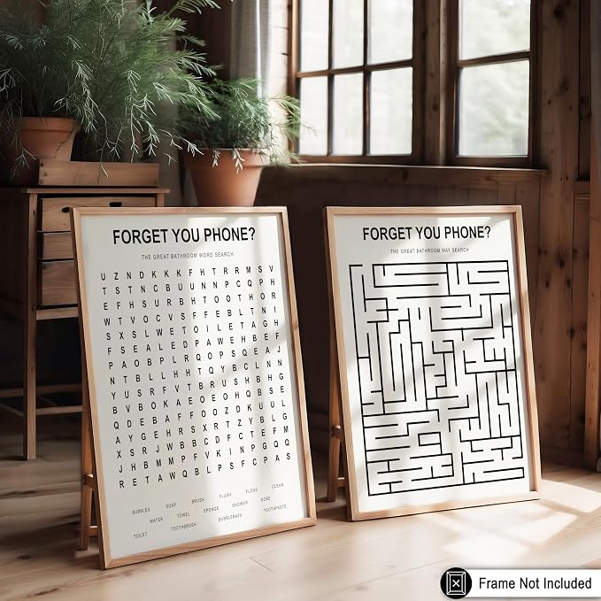 Poster Master 2-Piece Forget Your Phone Print - The Great Bathroom Word & Way Search Poster - Guest Bath Decor - Black & White Design - Powder Room Decor - Fun Restroom Sign - 11x14 UNFRAMED Wall Art