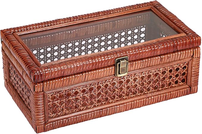 Hipiwe Rattan Storage Box with Lid Vintage Wood and Cane Display Box, Brown | Decorative Shelf Basket for Home Decor, Rectangular Basket Organizer Bin for Bathroom, Kitchen Countertop