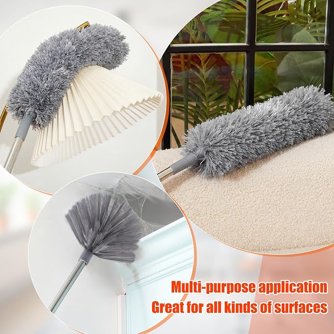 30 Feet High Reach Duster Kit with 2-24 ft Extension Pole High Ceiling Dusting and Window Cleaning Kit with Window Washer & Squeegee, Cobweb Duster, Washable Head for Ceiling Fan(Gray)