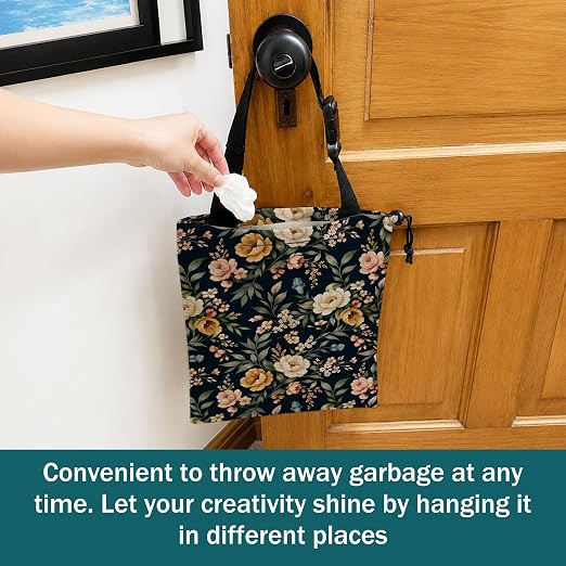Rustic Floral Botanical Car Trash Bag Hanging for Back Seat | Cottagecore Wildflower Canvas Drawstring Car Garbage Bag with Adjustable Buckle Vehicle Trash Can
