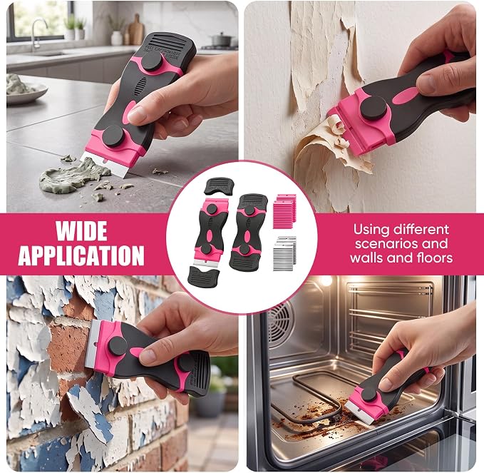 2 Pack Double-Ended Razor Blade Scraper, 30 Blades(pink) | Multi-Purpose Tool for Glass, Cooktop, Sticker Removal, Paint & Gum Cleaning