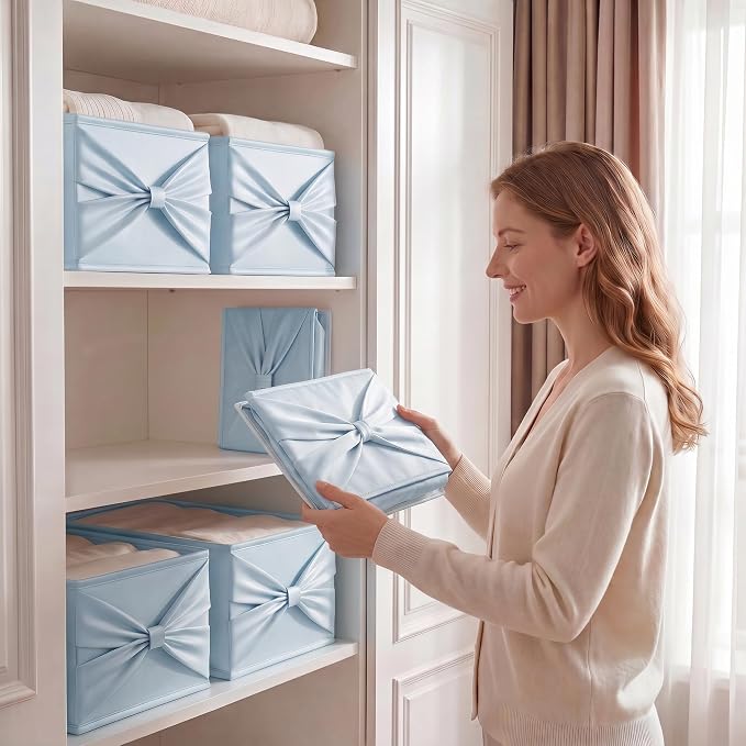 2 Pack Satin Fabric Closet Storage Boxs, 18.5×11×7.9 IN Foldable Organizer Bins with Bowknot, Soft & Sturdy Pink/Blue Storage Baskets for Home Organization, Clothing, Toys, Caps (2 Pack Blue)