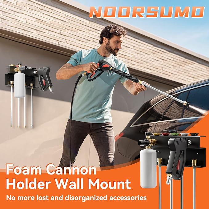 Foam Cannon Wall Mount and Pressure Washer Gun Holder Organizer | Foam Cannon Wall Mount: Stores a foam cannon and pressure washer gun off the floor for organized, easy-access storage.