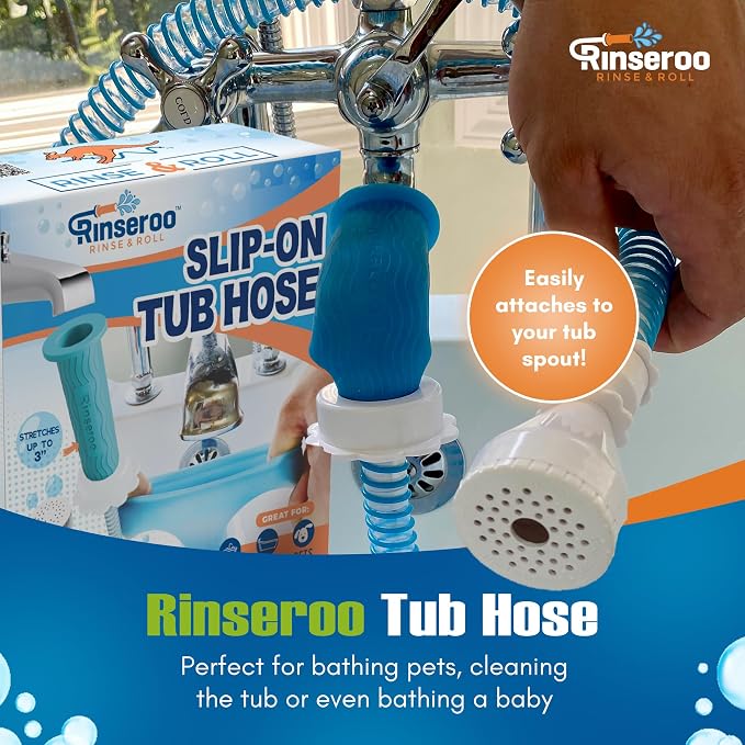 Rinseroo Slip-On Bathtub Faucet Sprayer Attachment, 5 Foot Hose | Ultra-Flex Dog Shower Hose Adapter, Portable with Sprayer Pet Showerhead, Attach Tub Spout, No Install for Speedy Washing