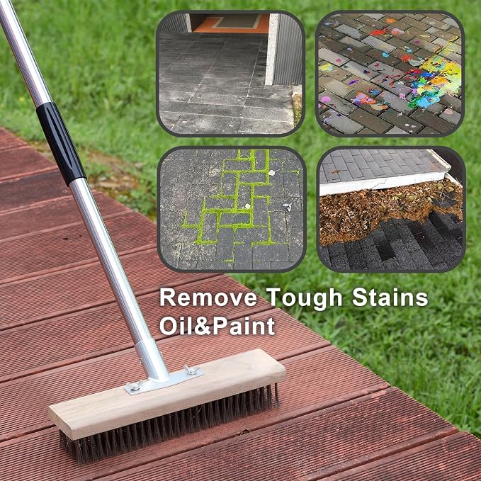 Wire Brush Long Handle 57'' Remove Moss on Deck Concrete Patio | Heavy Duty Outdoor Scrub Broom with Metal Stiff Bristle, Large Wire Scrubber for Weeds Removal in Garage Garden Roof Balcony