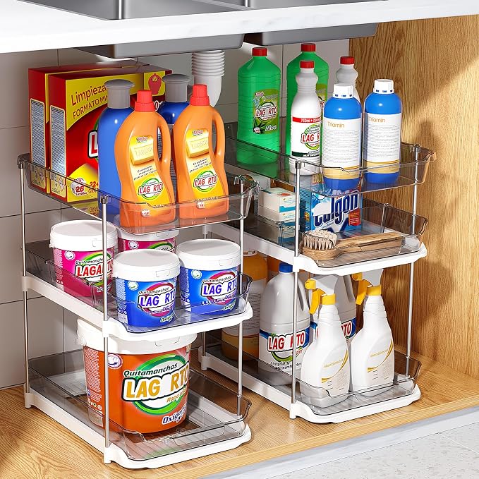 Delamu 2 Pack 3-Tier Bathroom Under Sink Organizers and Storage, Multi-Purpose Stackable Pantry Organization and Storage, Pull Out Clear Kitchen Bathroom Cabinet Organizer with Movable Dividers, Grey
