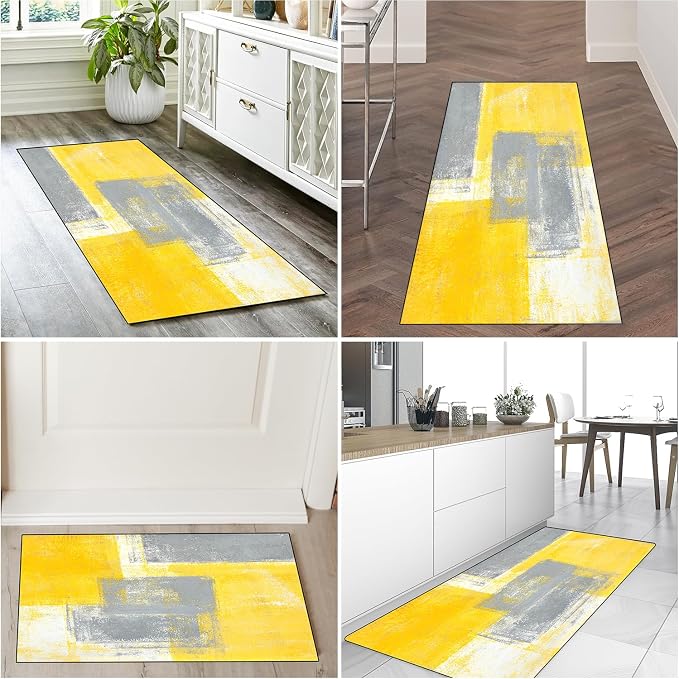 TOMWISH Yellow Grey Kitchen Rugs Sets 3PCS Washable | Kitchen Sink Area Absorbent Runner Rugs Front of Dining Room Home Office Laundry 20"X32"+20"X48"+20"X59"