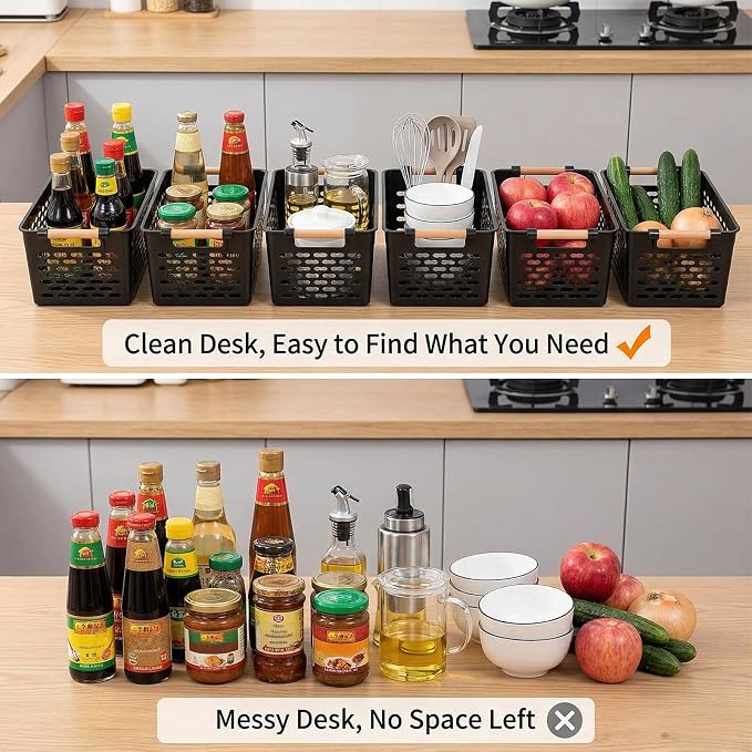 Yesland 6 Pack Plastic Storage Baskets with Handles, Black Organizer Bins 5"W x 10"L x 5"H for Kitchen Pantry Closet Bathroom Office