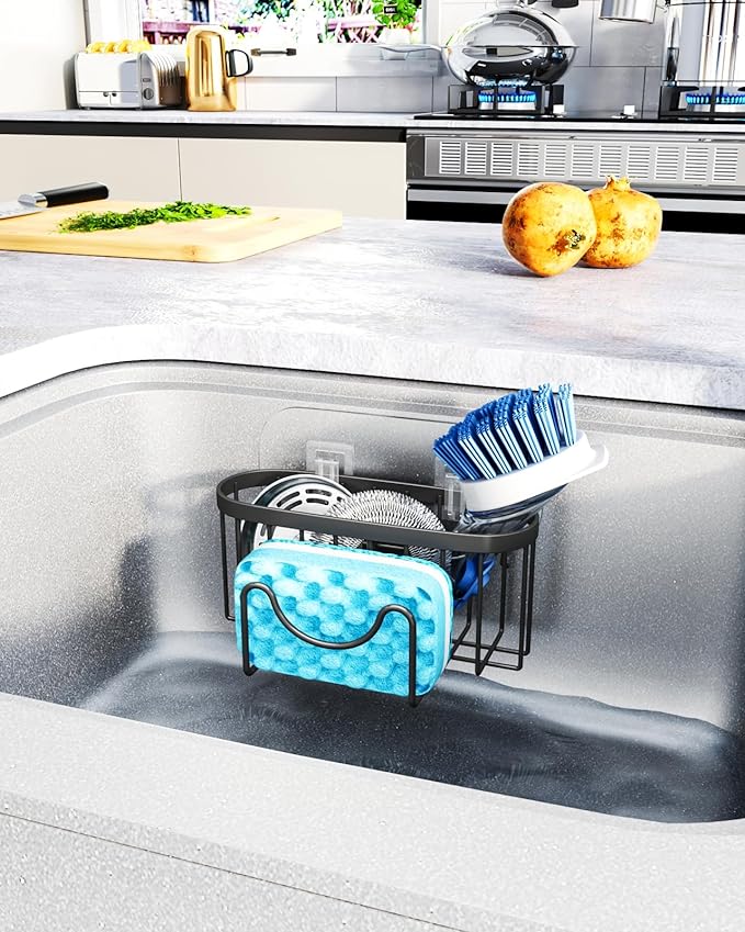 HapiRm Multifunctional Sponge Holder with Unique M-Shaped, 2 Installation Methods Kitchen Sink Caddy Organizer, Rustproof Stainless Steel Kitchen Organizers and Storage Essentials - Black (Pack of 2)
