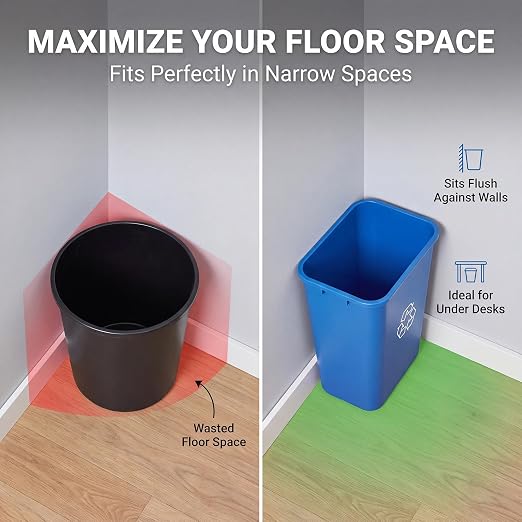 10 Pack, Recycle Wastebasket, 28 Qt. / 7 Gallon Rectangular Wastebasket / Trash Can Kit - Space Saving Recycling Bin, Narrow Spaces in Commercial, Kitchen, Home, Office, and Dorm - Black and Blue