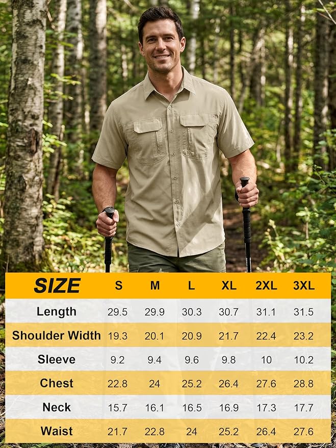 Mens Short Sleeve Fishing Shirt Sun Protection Quick Dry Lightweight | Breathable Fabric, Multi Pockets, for Fishing Safari Hiking Hunting Camping Outdoor Work Casual Wear
