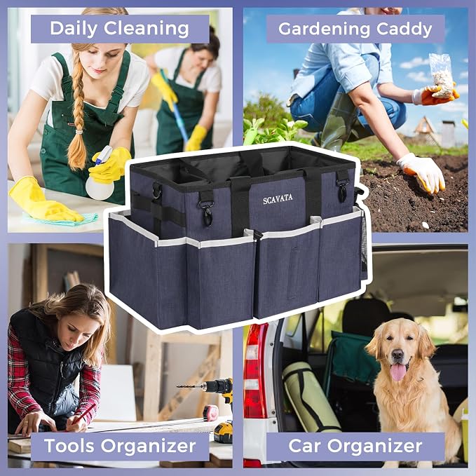 SCAVATA Wearable Caddy Bag, Cleaning Supplies Organizer With Handle & Shoulder Straps for Housekeepers, Under Sink & Car Tool Organizers With 4 Foldable Divider (NavyBlue)