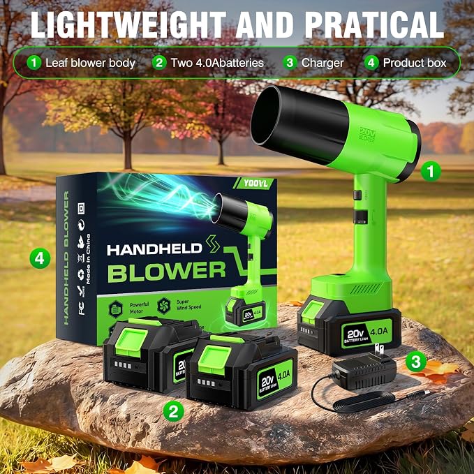 Leaf Blower Cordless, Handheld Leaf Blower with 2 X 4.0Ah Battery and Charger, Snow Blower with 6 Speed Modes, Lightweight Blowers for Lawn Care, Patio, Yard, Blowing Snow, Leaves, Dust