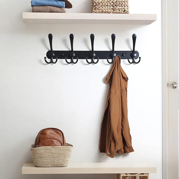 Dseap Coat Rack Wall Mounted - 5 Tri Hooks, Heavy Duty, Stainless Steel, Metal Coat Hook Rail for Coat Hat Towel Purse Robes Mudroom Bathroom Entryway (Black, 4 Packs)