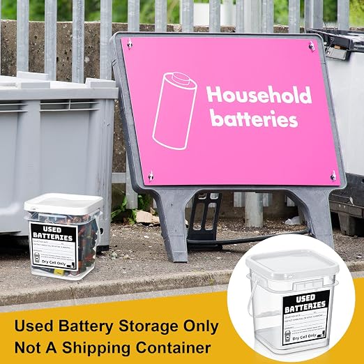 Baderke 1 Pack Battery Recycling Disposal Container with Label, White | 1.32 Gallon Capacity, Battery Recycling Container with Label, Used-dry-cell Battery Storage Organizer, for Household, Office