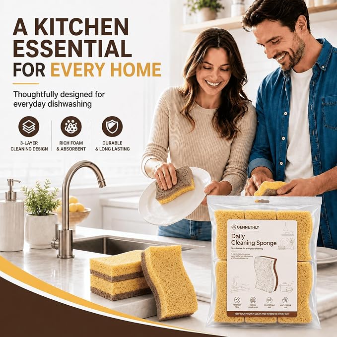 Natural Kitchen Sponges for Dish, 6 PCS Cellulose Sponge with Coconut Fiber | Natural cellulose & coconut fiber, Non-scratch cleaning, Rich lasting foam, Flexible design, Easy-grip shape, 6-pack value