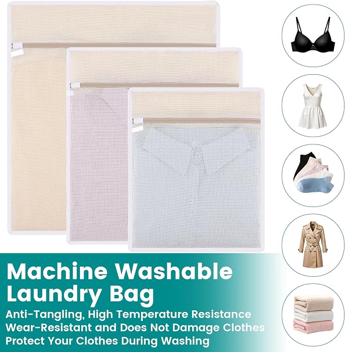 4 Pack Durable Cotton Mesh Laundry Bags for Delicates - 12×16inch Laundry Bags Mesh Wash Bags with Sturdy Zipper for Underwear Bras Socks Clothes Storage Natural Cotton Washing Machine Safe