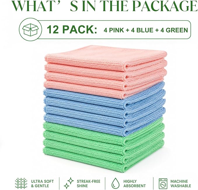 Microfiber Cleaning Cloths, Ultra-Soft and Highly Absorbent, Streak-Free, Lint-Free, Scratch-Free, Washable, for Car Detailing and Glass Cleaning,12" x 12", Green/Blue/Pink, 12-Pack