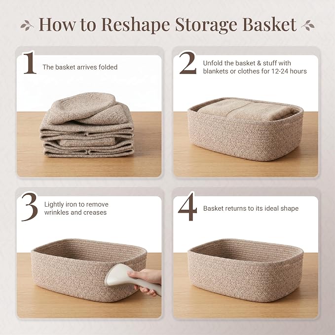 Storage Baskets for Shelves, 4 Pack, 2 Sizes Organizer Bins | Woven Cotton Rope Baskets, 2 Large + 2 Small Shallow Storage Bins for Nursery, Closet, Toys, Bathroom & Changing Table