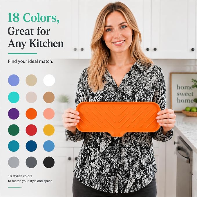 MicoYang Silicone Soap Dish with Drain Spout — Self-Draining Double Sink Organizer Tray for Kitchen & Bathroom, Dispensers, Sponges & Soap Holder, Non-Slip & Dishwasher Safe, Orange (Large, 12"×4")