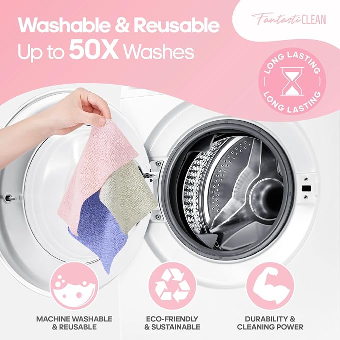 Fantasticlean Microfiber Cleaning Cloth Roll, Pink, 60 Pack, 8" x 8" | Tear Away Microfiber Towel Roll, Reusable Paper Towels, Rags for Kitchen, Pet, Dust, Car, Office, Cleaning Supplies, Portable