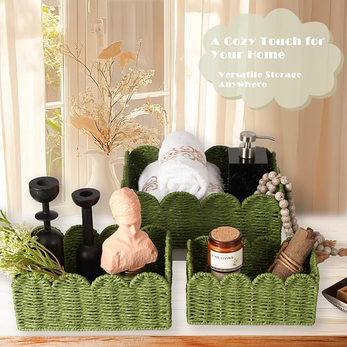 Scalloped Wicker Basket Set of 3, Hand-Woven Storage with Handles | set of 3 green scalloped baskets with handles. Hand-woven paper rope for shelves, bathroom or closet. Stackable, sturdy.