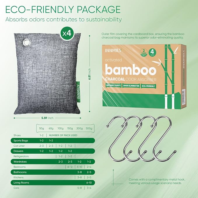 Activated Charcoal Odor Absorber, Odor Eliminator for Strong Odor, 4 Packs | Nature Bamboo Charcoal Air Purifying Bags for Home, Car, Closet, Basement, Pet,Sneaker Deodorizer,Smoke Deodorizer Eliminator