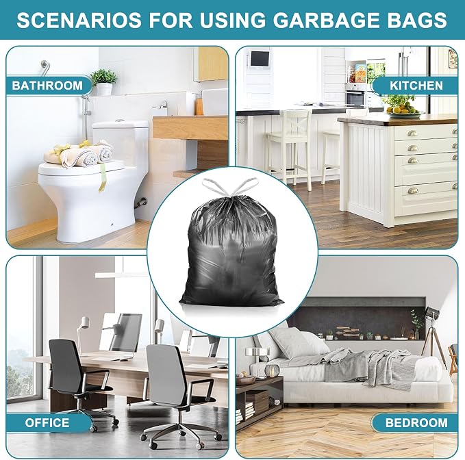 Small Trash Bags, 100 Count 4 Gallon Drawstring, Black | Tear-Free, Unscented, Small Garbage Bags, For Bathroom Kitchen Office Bedroom