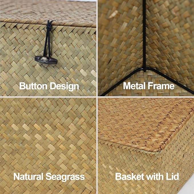 Seagrass Wicker Storage Basket with Lid, Large, Natural | Large Storage Box, Shelf Organizer, Rectangular Woven Bin, Multipurpose Home Storage, Natural Decor, 13 x 8.66 x 6.1