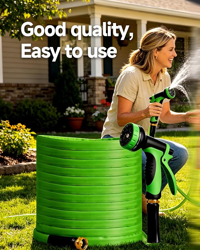 50ft Garden Hose with 10 Spray Patterns, Non-Expandable, Tangle-Free PVC