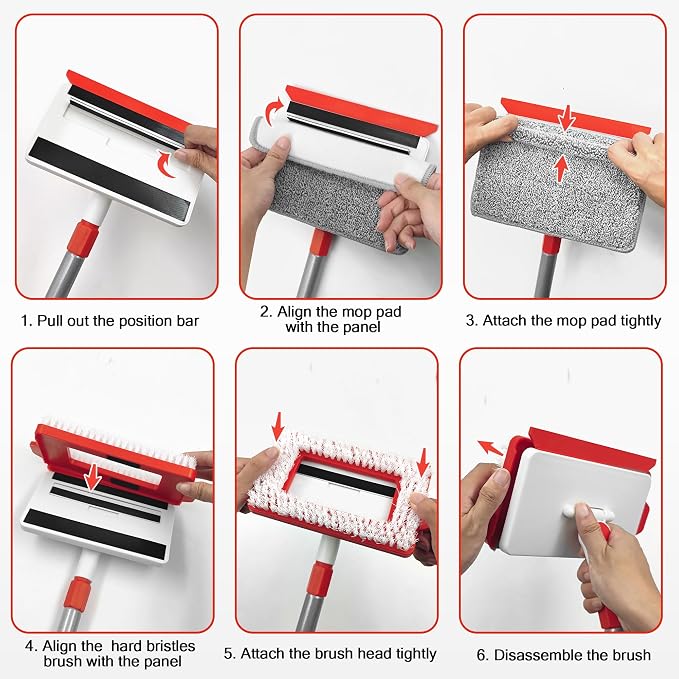 JEHONN Baseboard Cleaner Tool with Handle, 56 inches Base Boards Cleaning Mop Scrubber, 1 Stiff Bristles Brush, 2 Chenille and 2 Microfiber Pads, Wall Duster for Floorboard Ceiling Window Tile